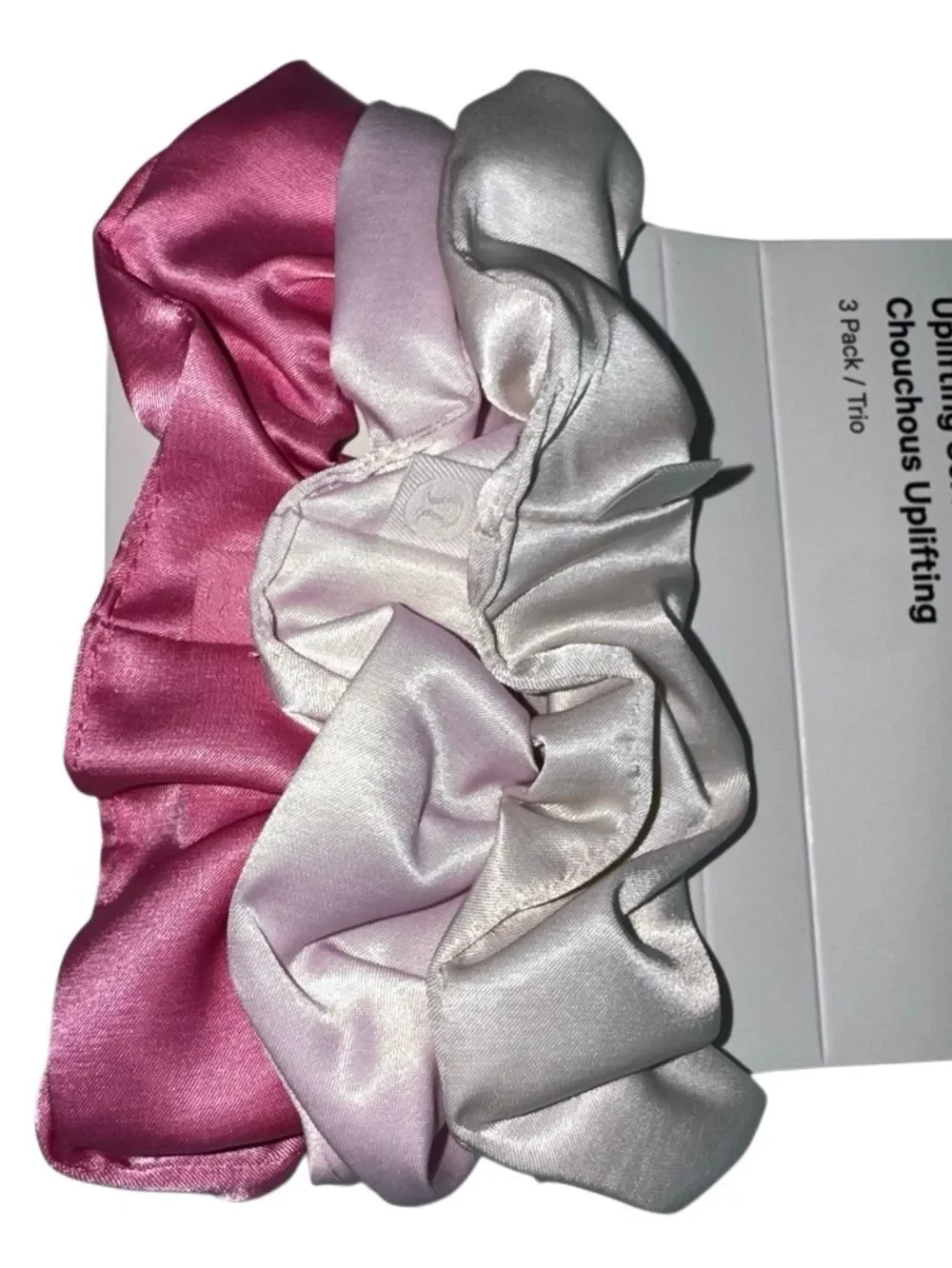 Lululemon Uplifting Scrunchies Satin 3 Pack Candy Cloud/Blissful Pink/Light Ivor
